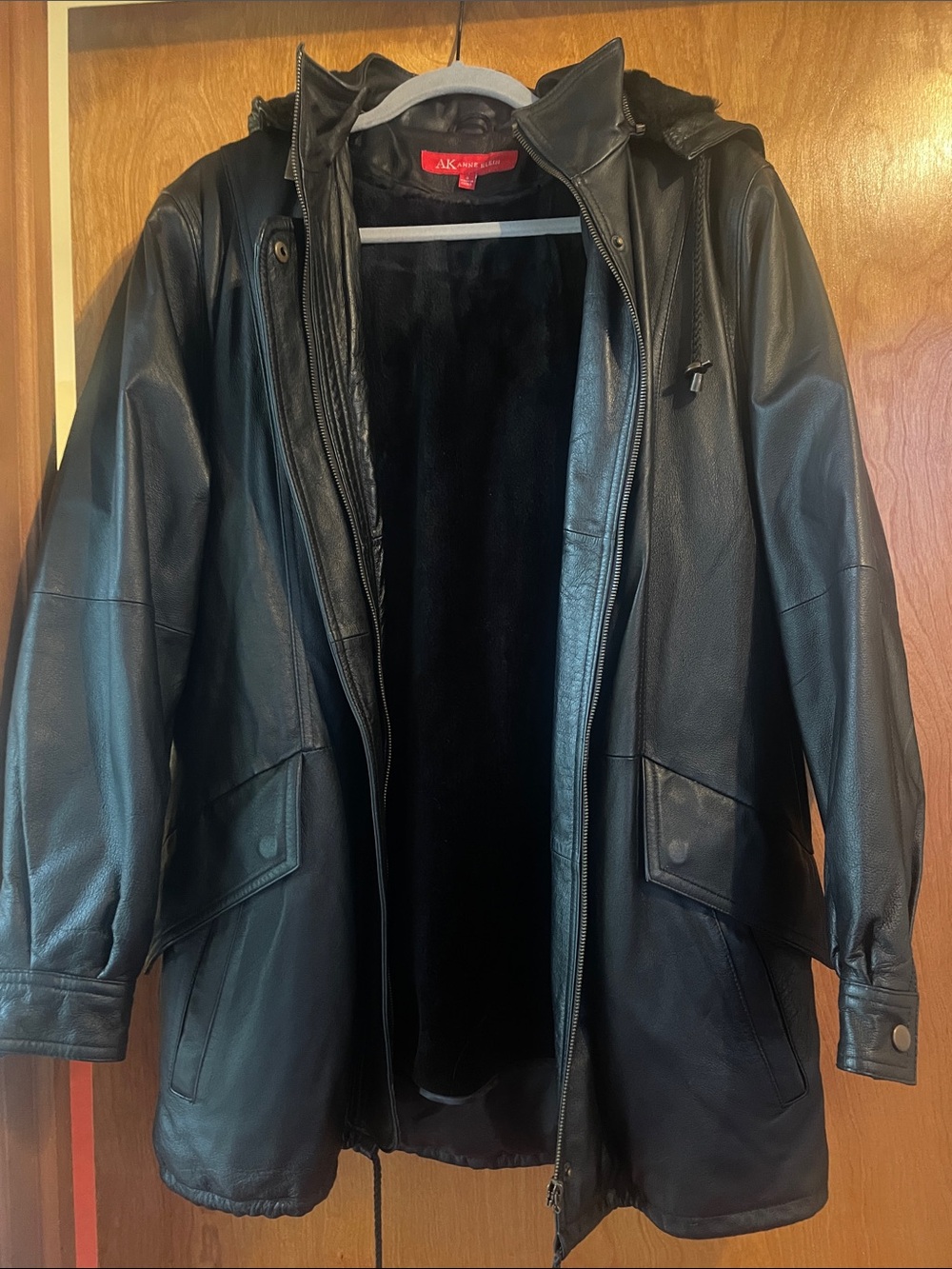Anne Klein Black Leather Trench Coat with Hood